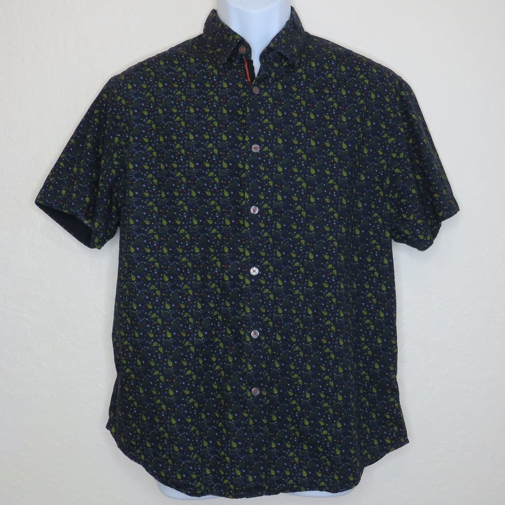 Denim & Flower* Men's Short Sleeve Button Down Curved Hem BOHO Shirt~ Size Large
